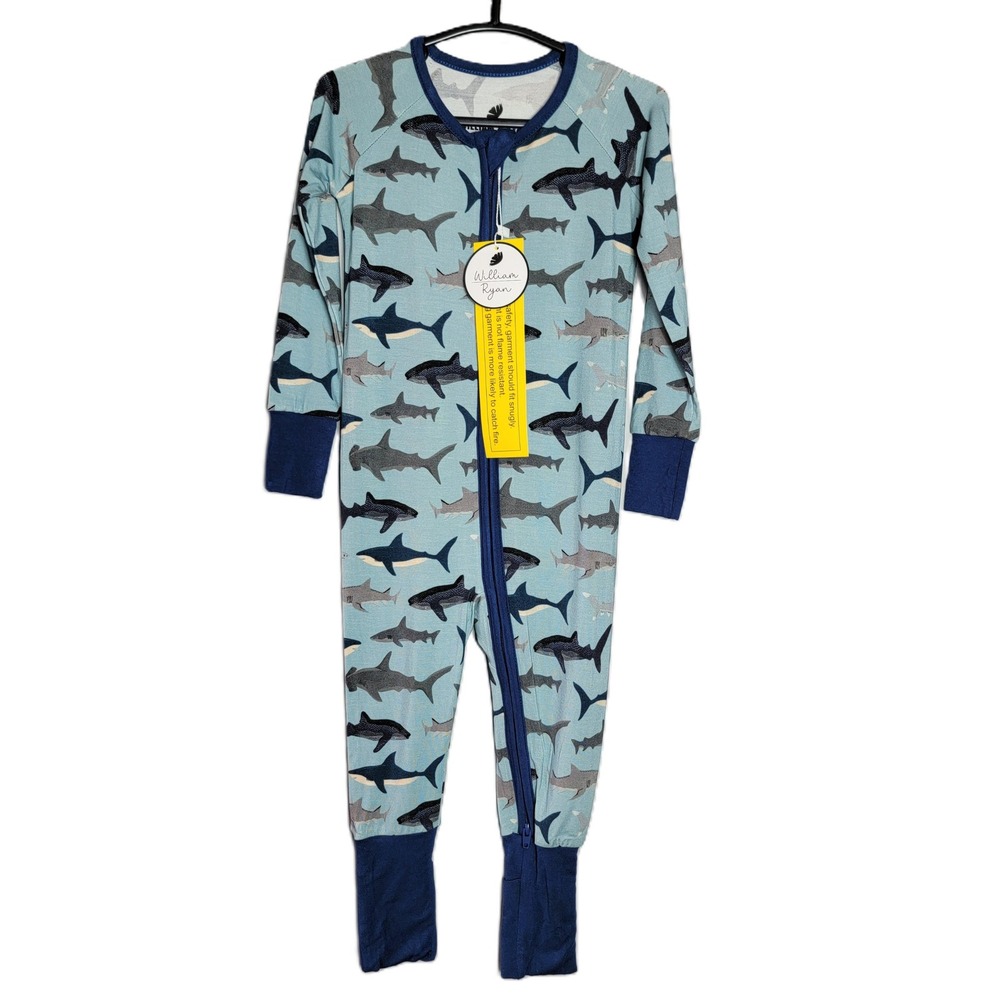 William & Ryan Shark Print Bamboo Viscose Zipper Sleeper Pajamas Blue 12-18M NEW
